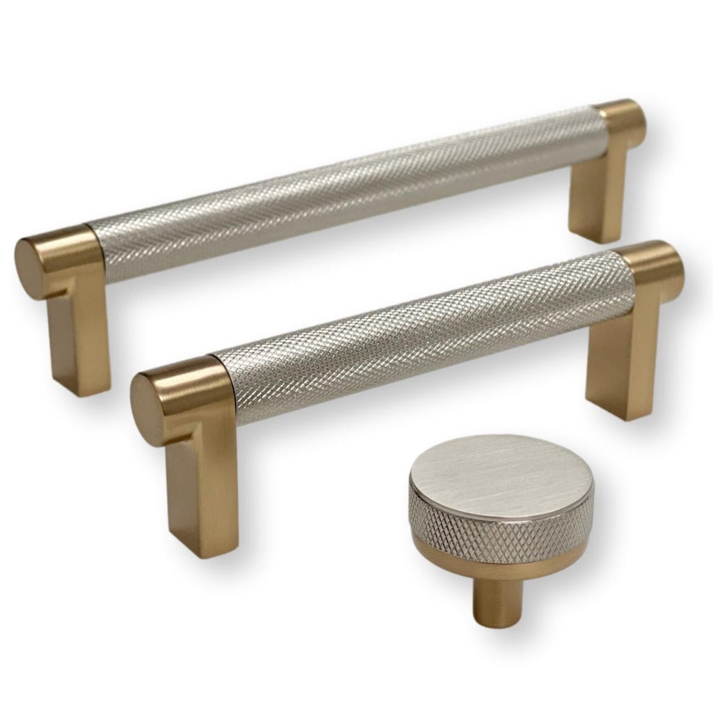 Knurled "Converse" Champagne Bronze and Brushed Nickel Dual-Finish Knobs and Pulls - Forge Hardware Studio