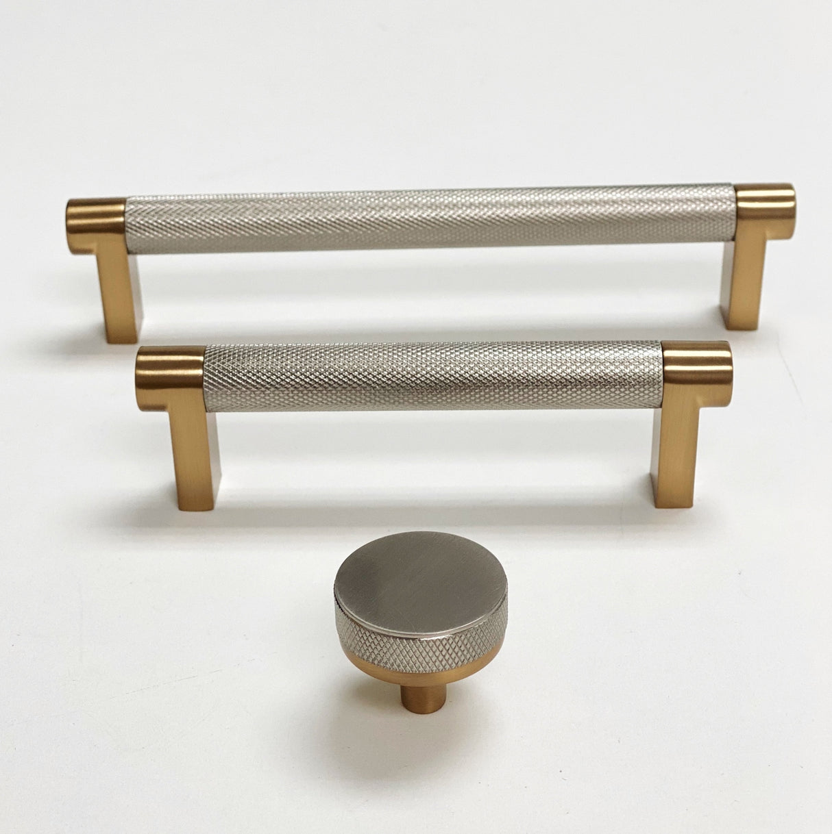 Knurled "Converse" Champagne Bronze and Brushed Nickel Dual-Finish Knobs and Pulls - Forge Hardware Studio