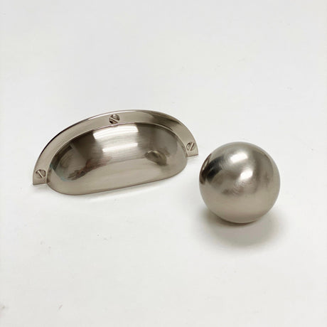 Brushed Nickel “Kira” Large Ball Knob and Cup Pull
