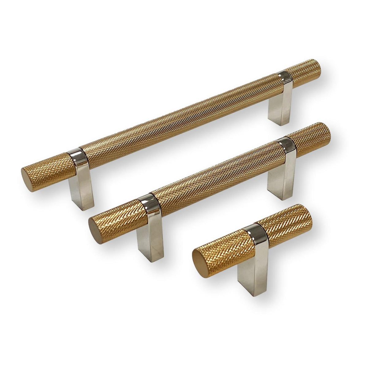 Knurled Select T-Bar Polished Nickel and Champagne Bronze Knobs and Pulls - Forge Hardware Studio