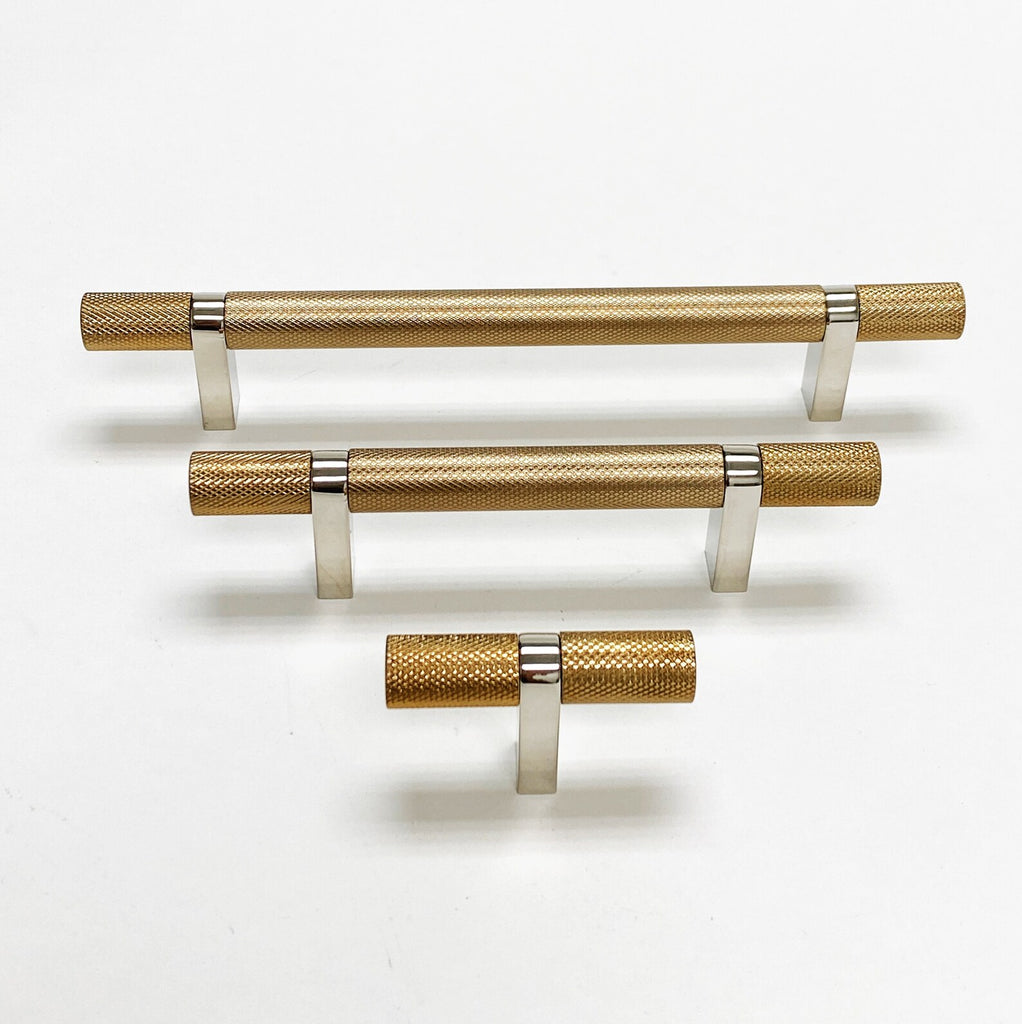 Knurled Select T-Bar Polished Nickel and Champagne Bronze Knobs and Pulls - Forge Hardware Studio