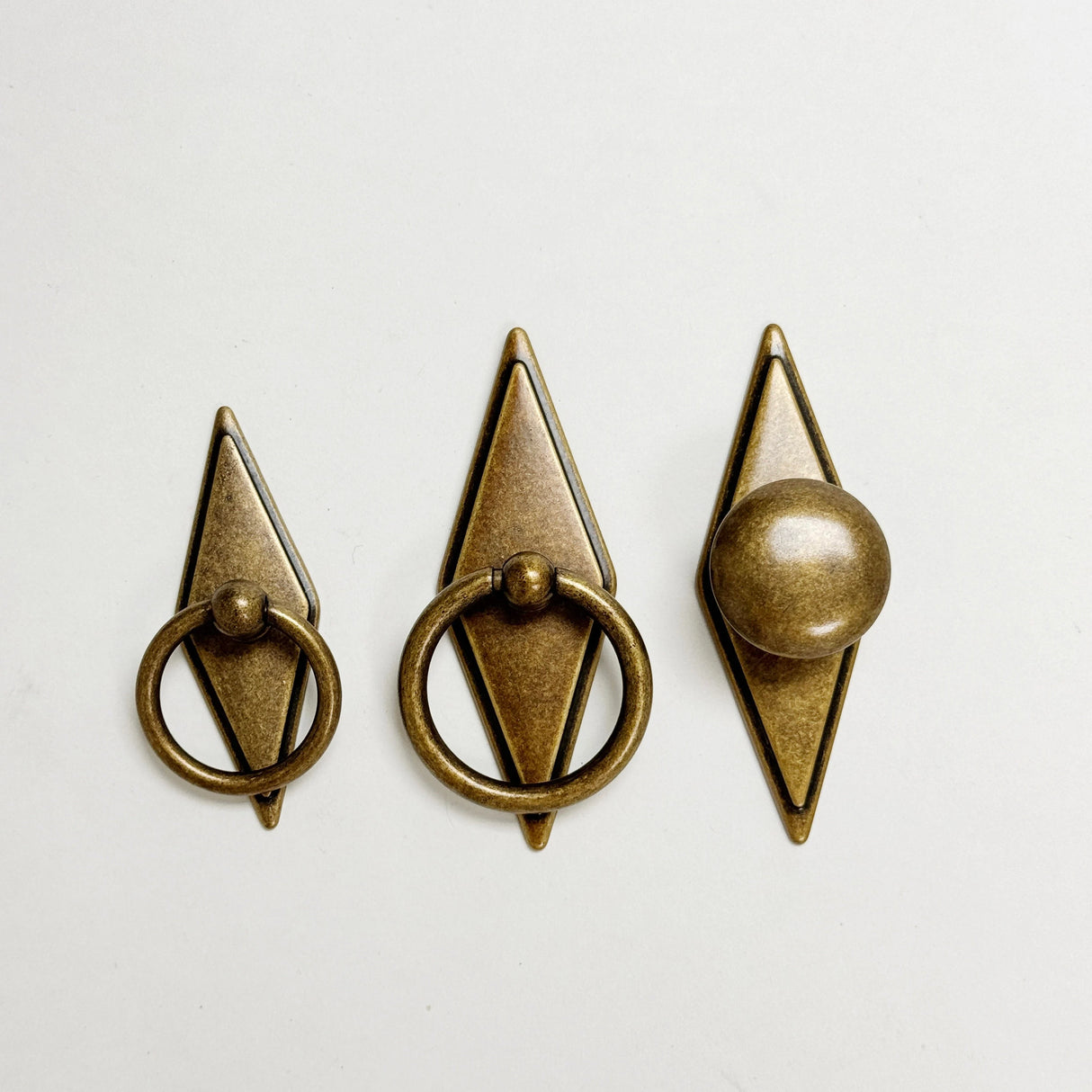 Rhombus "Ella" Antique Bronze Ring Drawer Pulls with Backplate - Forge Hardware Studio
