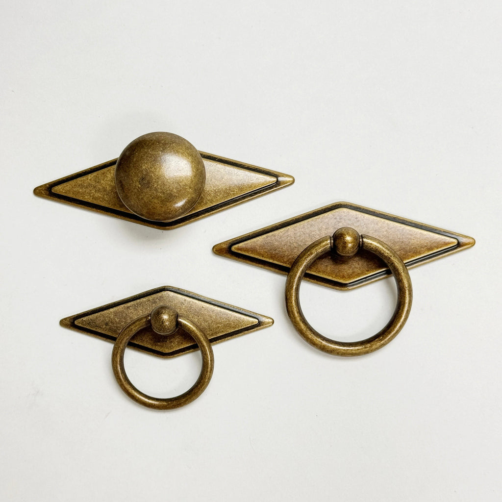 Rhombus "Ella" Antique Bronze Ring Drawer Pulls with Backplate - Forge Hardware Studio
