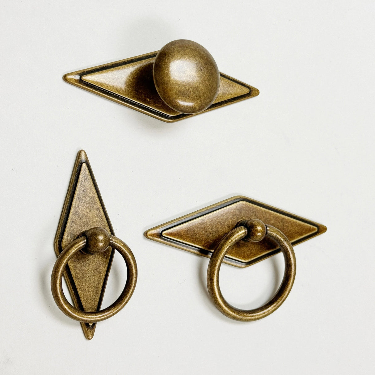 Rhombus "Ella" Antique Bronze Ring Drawer Pulls with Backplate - Forge Hardware Studio