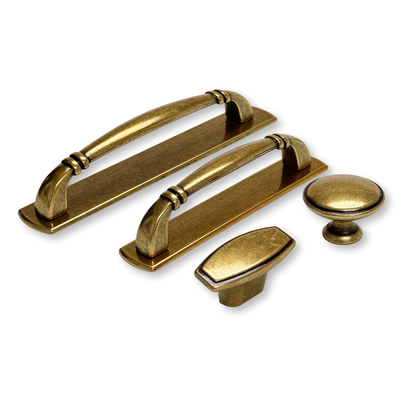 Backplate Antique Brass "Portofino" Drawer Pull and Knob - Forge Hardware Studio