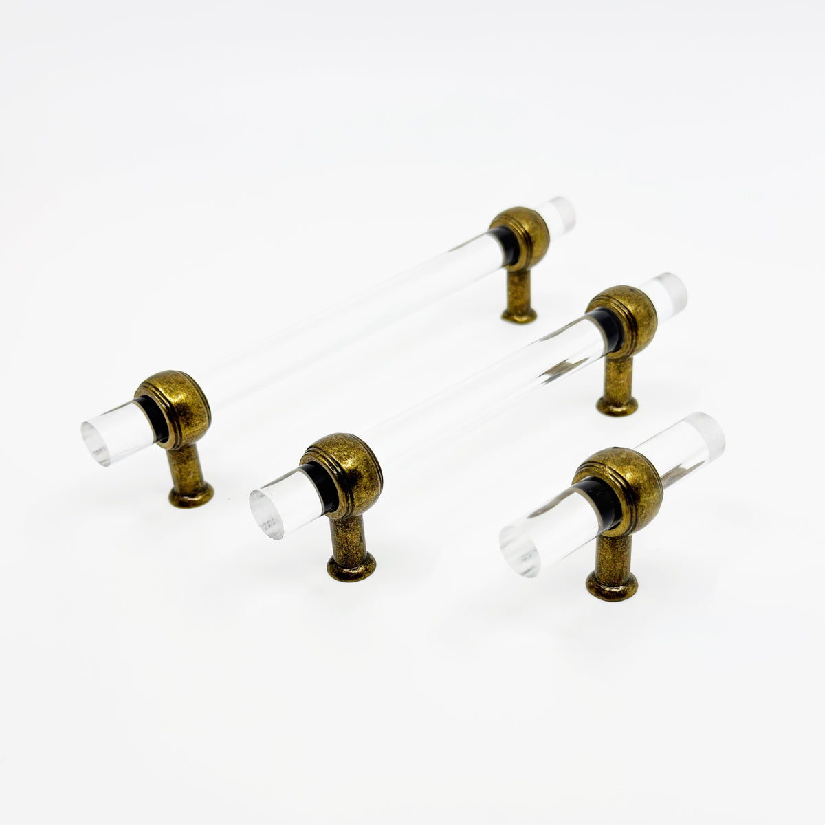 Antique Brass Lucite "Jules" Acrylic Knobs and Drawer Pulls