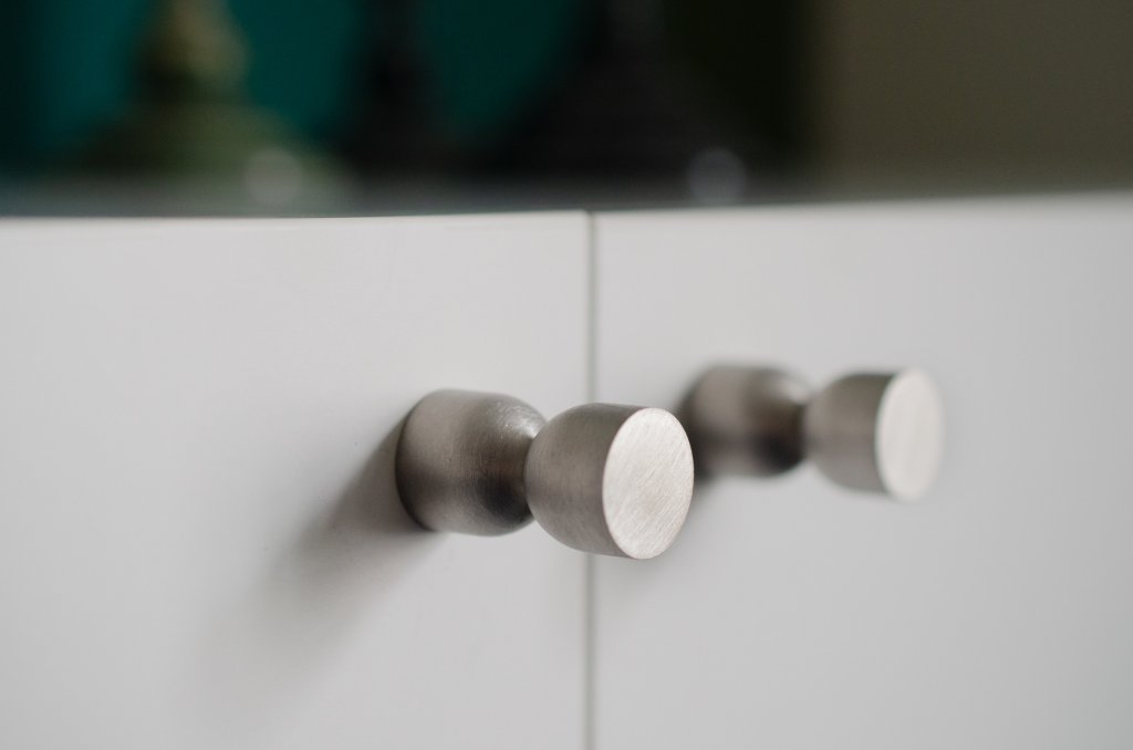 Brushed Nickel "Double Cup" Cabinet Knob and Wall Hook - Forge Hardware Studio
