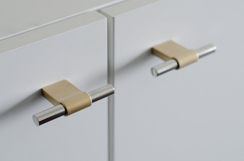 Brushed Brass and Polished Nickel "Line" T-Bar Knobs and Drawer Pulls