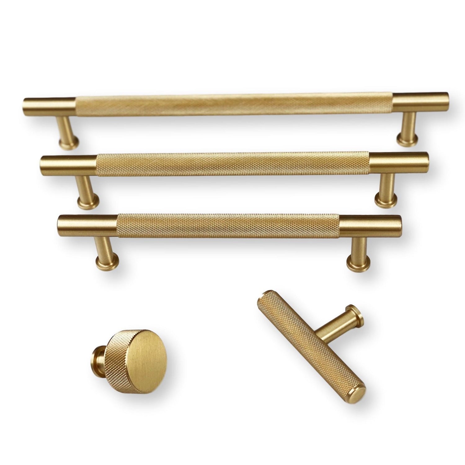 Brass Solid "Texture No.2" Knurled Drawer Pulls and Knobs in Satin Brass - Forge Hardware Studio