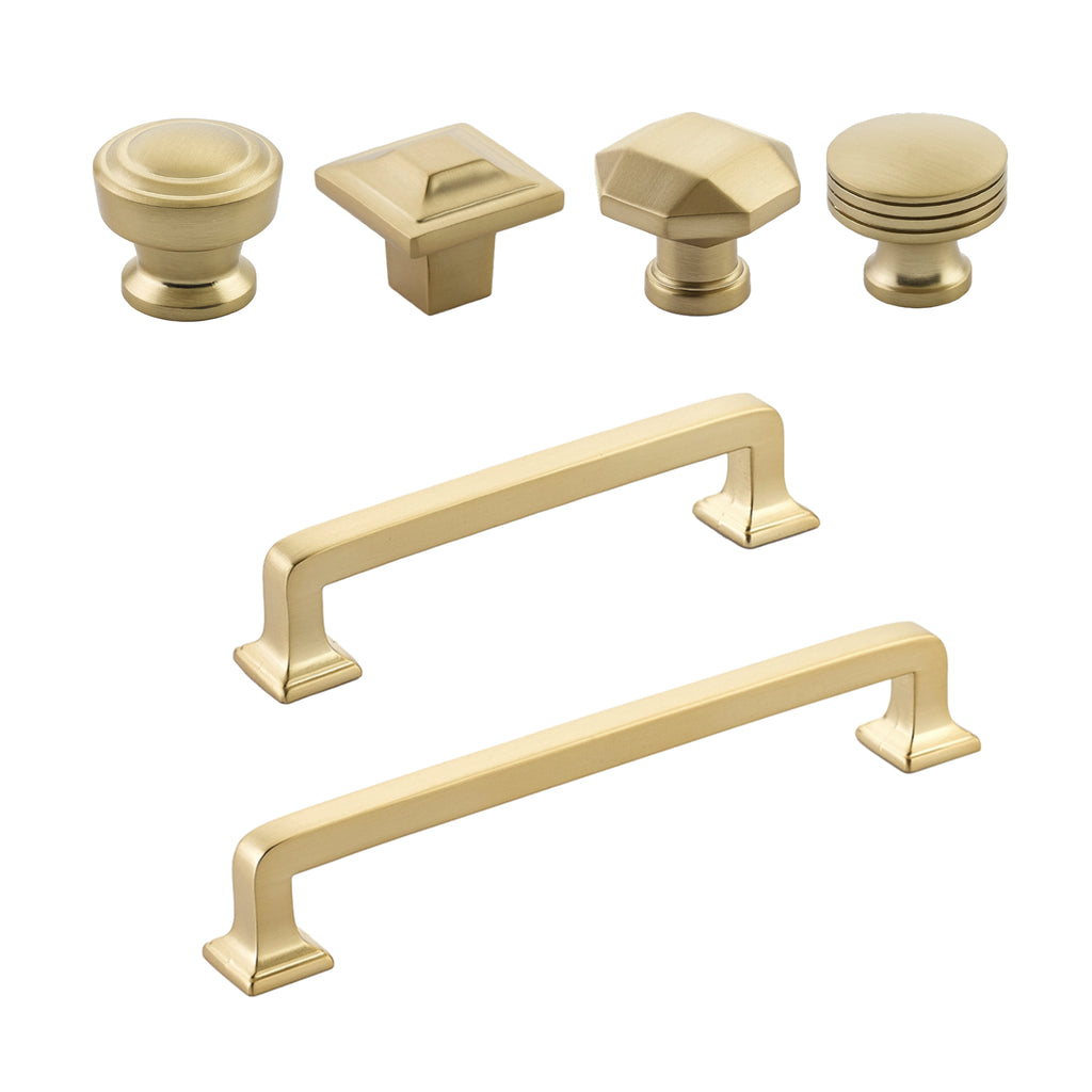 Satin Brass "Moderna" Cabinet Drawer Pulls and Cabinet Knobs - Forge Hardware Studio