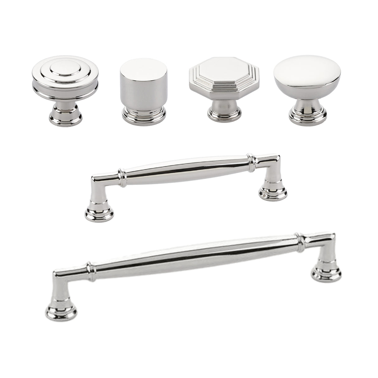 Polished Nickel "Elite" Cabinet Knobs and Drawer Pulls - Forge Hardware Studio