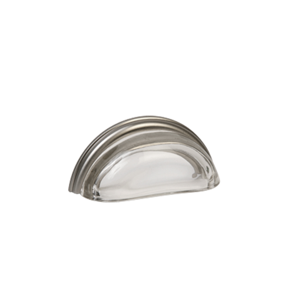 Nickel Lew's 3" Glass Cabinet Cup Pull (Clear/Brushed Nickel) [26-101] - Brass Cabinet Hardware 