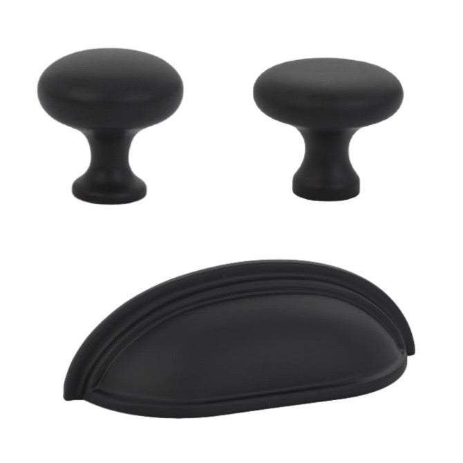 Matte Black "Heritage" Cabinet Knobs and Cup Pulls - Forge Hardware Studio