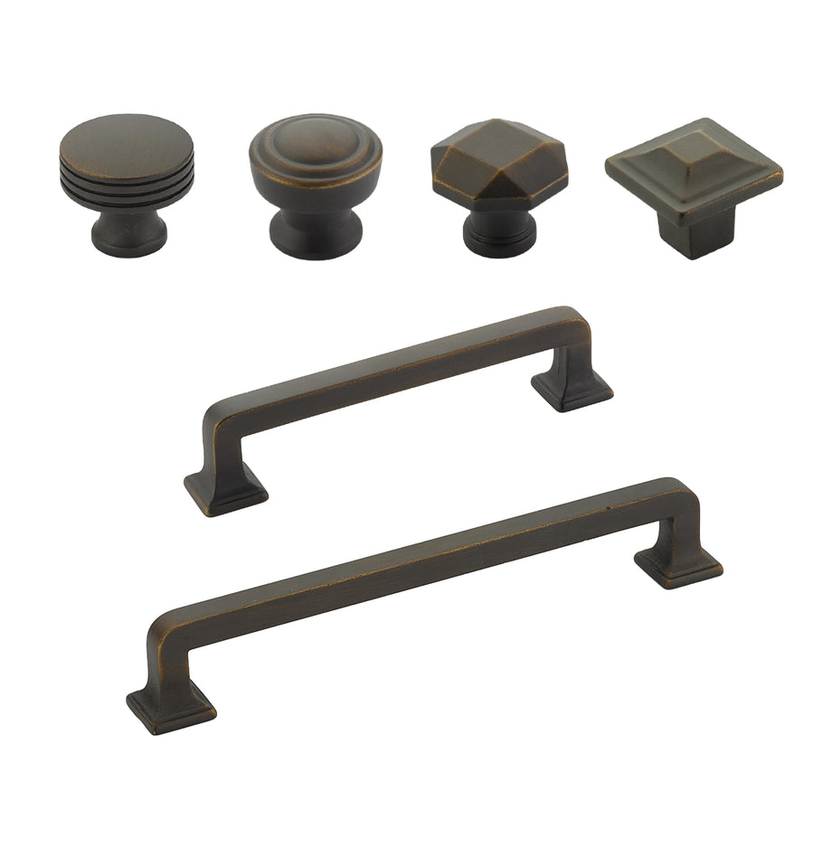 Rubbed Antique Bronze “Moderna” Cabinet Drawer Pulls and Cabinet