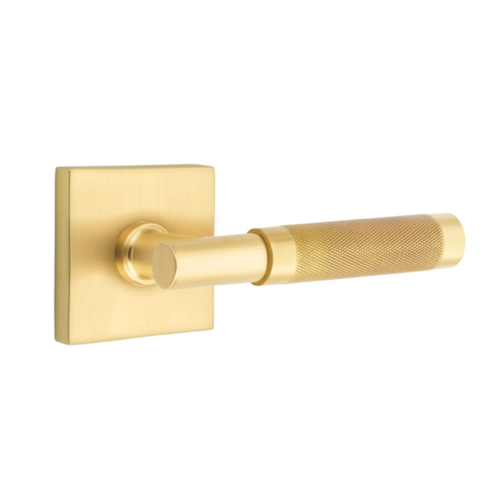 T-Bar Knurled SELECT Satin Brass Door Lever w/ Square Rosette - Forge Hardware Studio