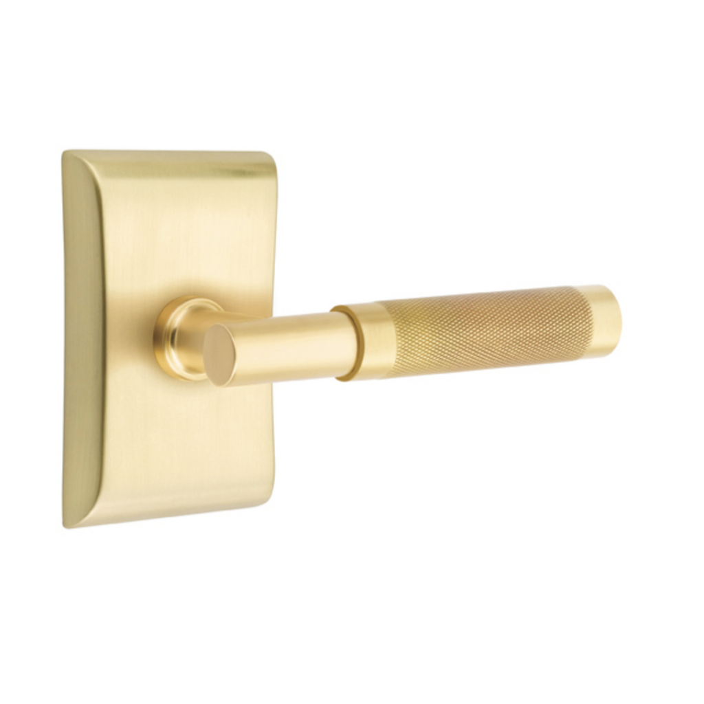 T-Bar Knurled SELECT Satin Brass Door Lever w/ Neos Rosette - Forge Hardware Studio