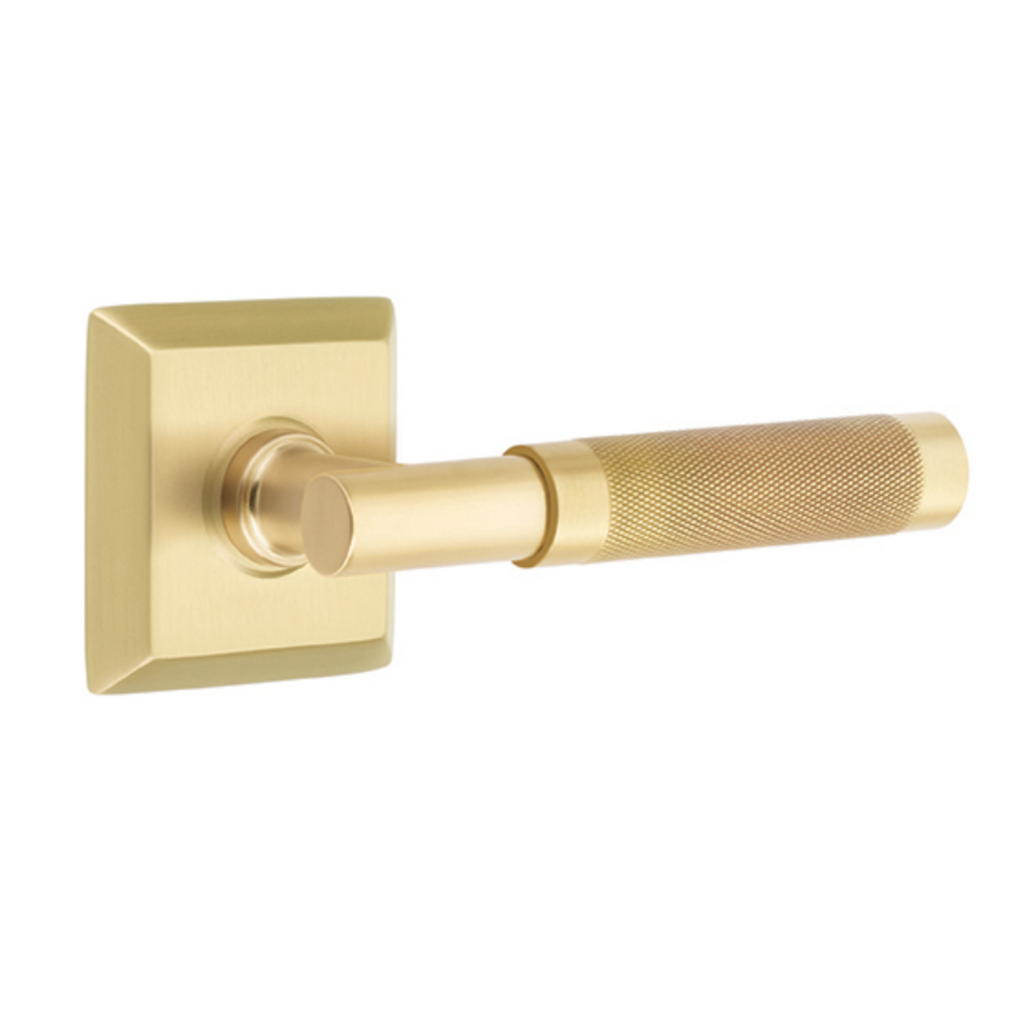 T-Bar Knurled SELECT Satin Brass Door Lever w/ Quincy Rosette - Forge Hardware Studio