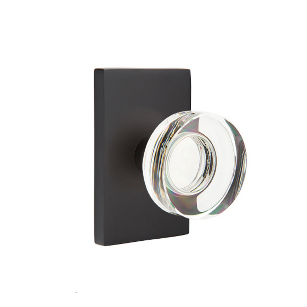 Modern Disc Crystal Knob in Matte Black Door Knob w/ Modern Rectangular Rosette - Forge Hardware Studio