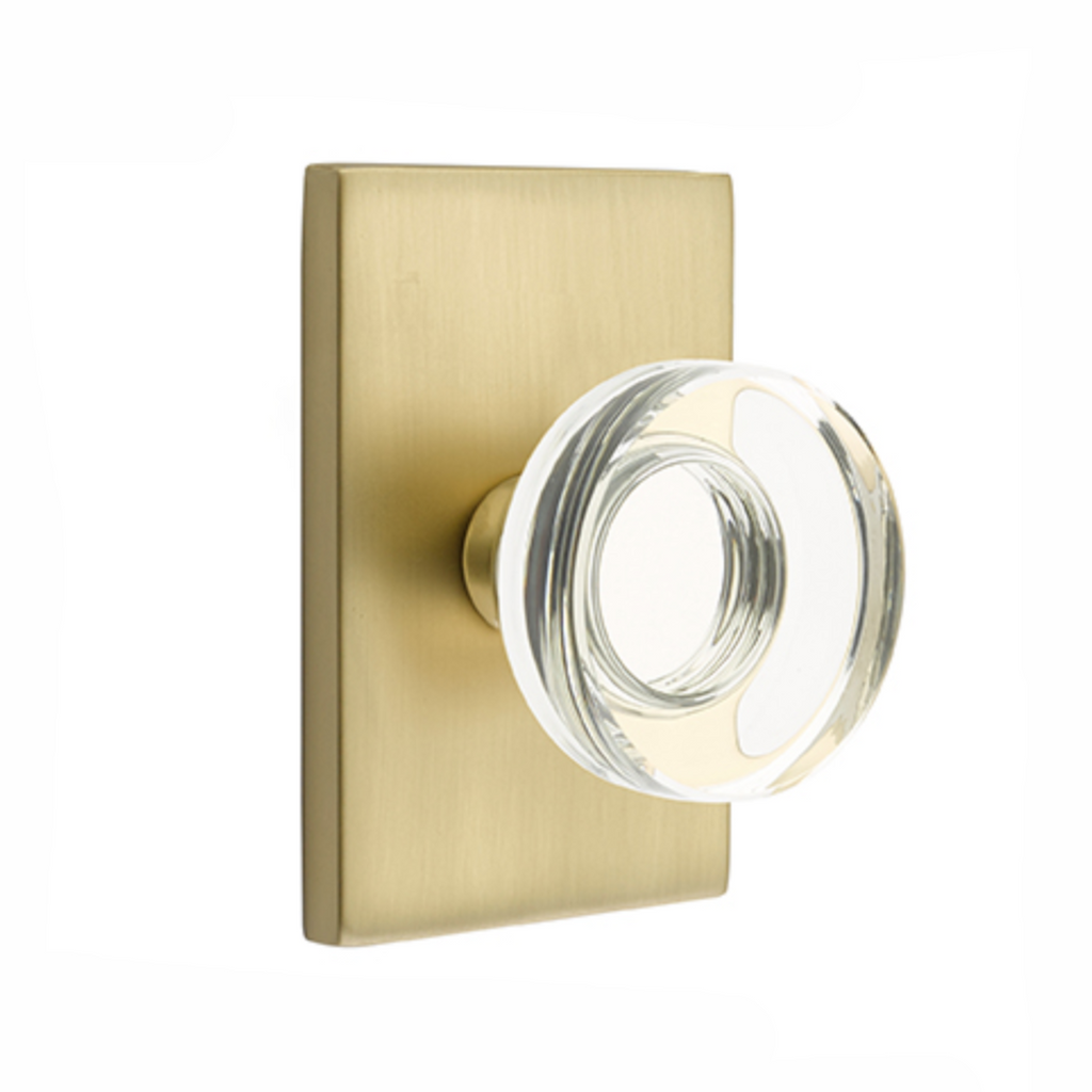 Modern Disc Crystal Knob in Satin Brass Door Knob w/ Modern Rectangular Rosette - Forge Hardware Studio