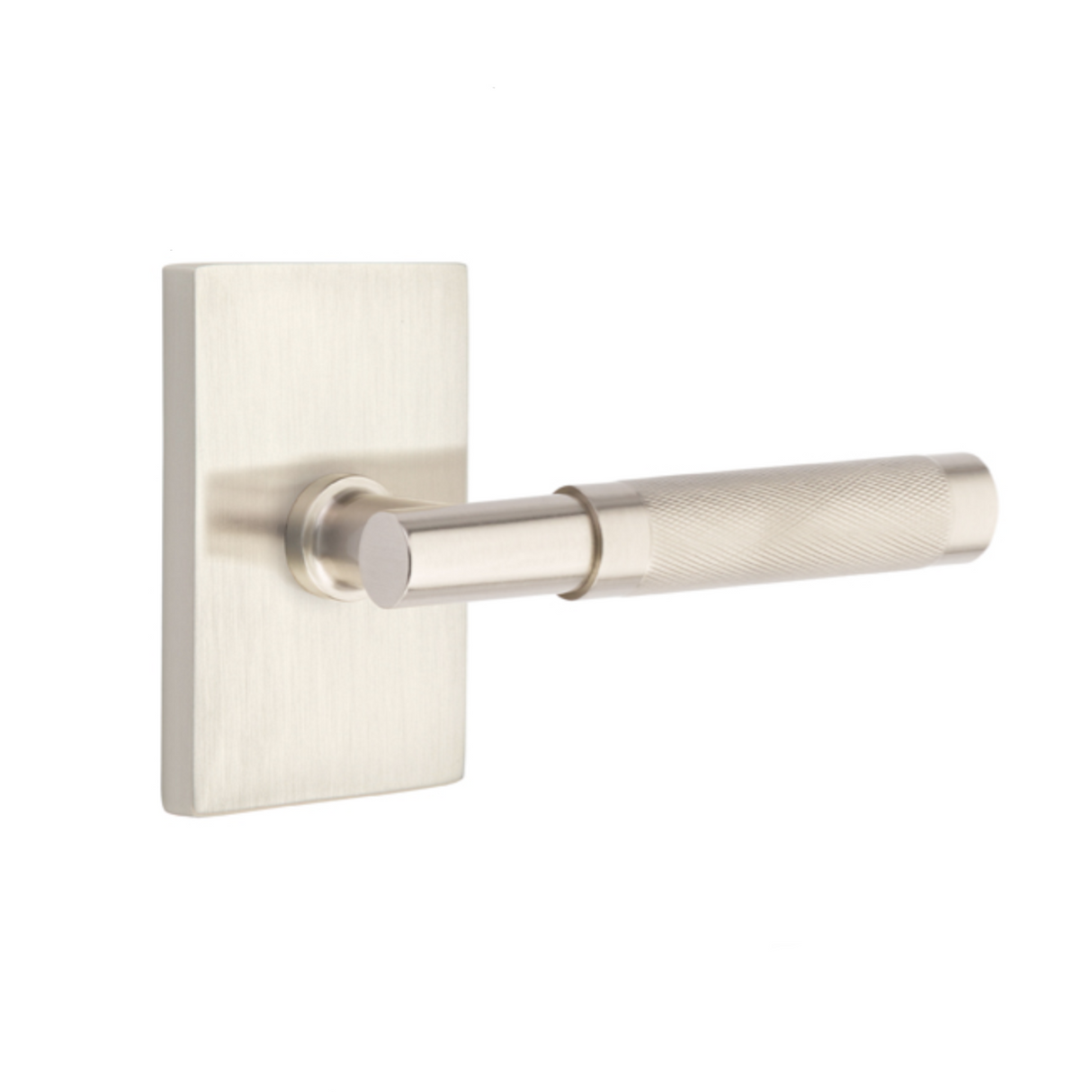 T-Bar Knurled SELECT Satin Nickel Door Lever w/ Modern Rectangular Rosette - Forge Hardware Studio