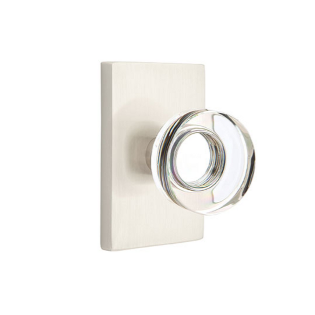 Modern Disc Crystal Knob in Satin Nickel Door Knob w/ Modern Rectangular Rosette - Forge Hardware Studio
