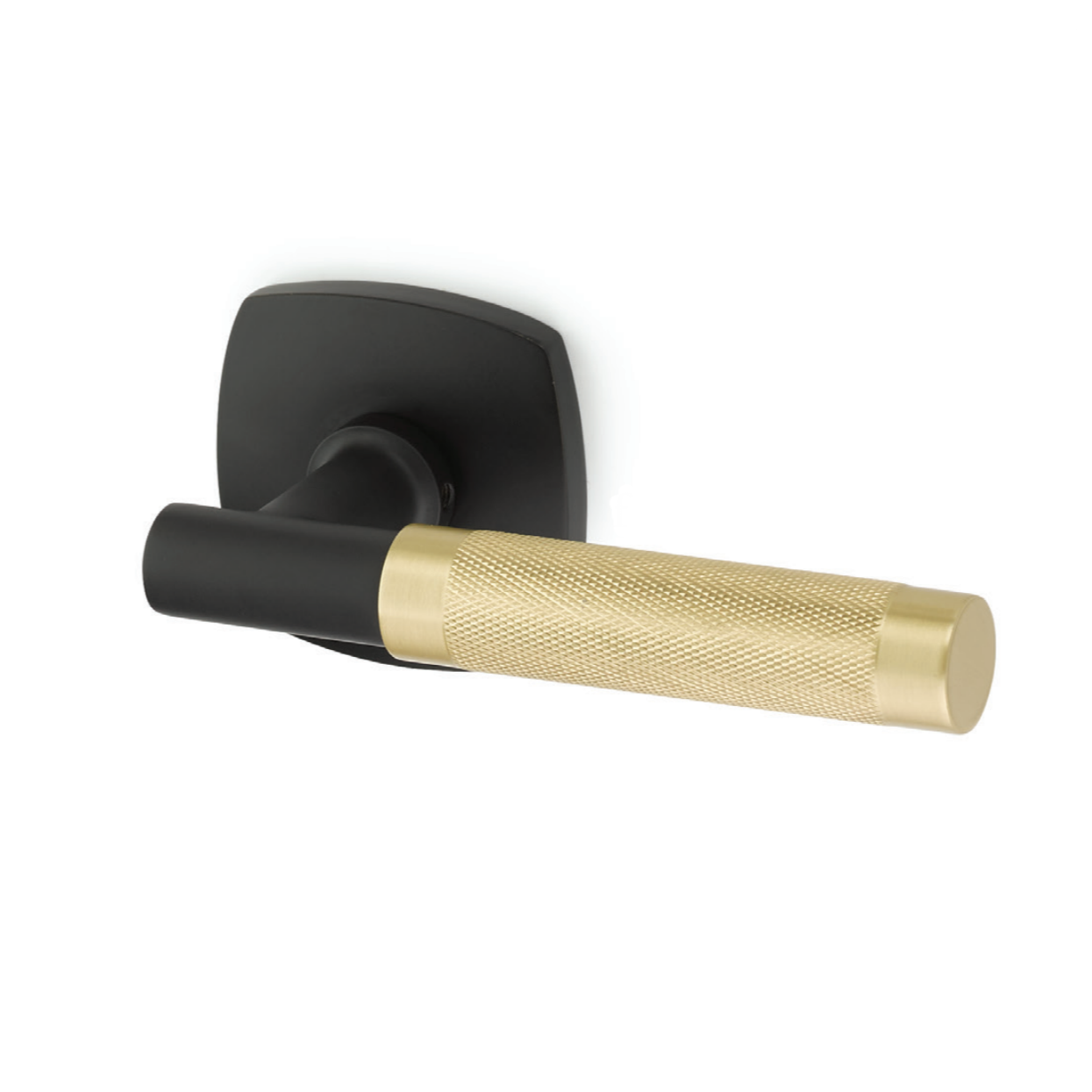 T-Bar Knurled SELECT Satin Brass and Matte Black Door Lever w/ Urban Modern  Rosette