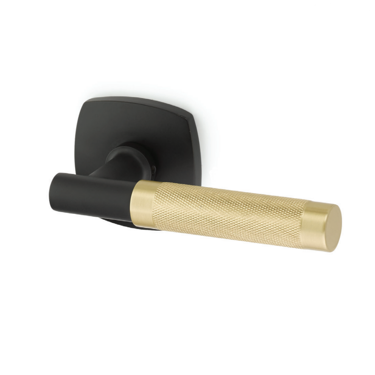 T-Bar Knurled SELECT Satin Brass and Matte Black Door Lever w/ Urban Modern Rosette - Forge Hardware Studio