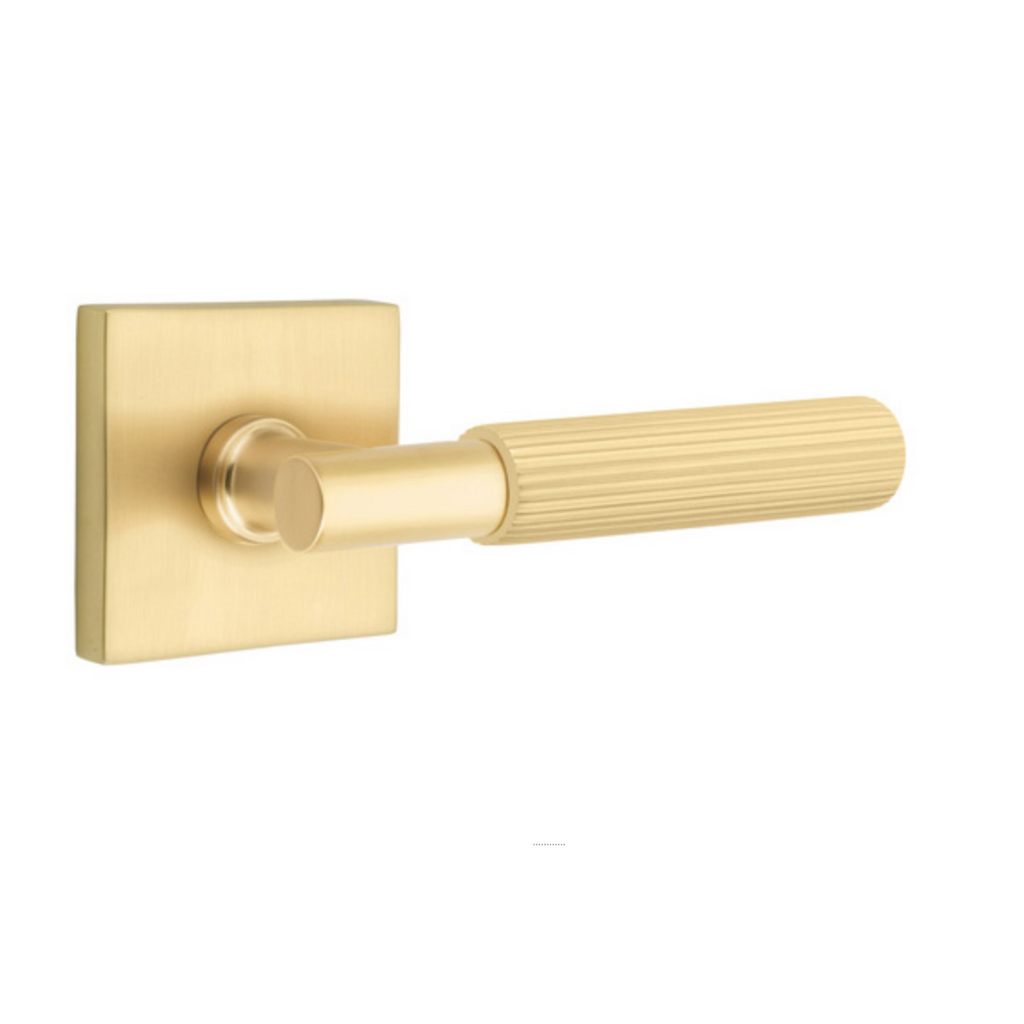 T-Bar Straight Knurled SELECT Satin Brass Door Lever w/ Square Rosette - Forge Hardware Studio