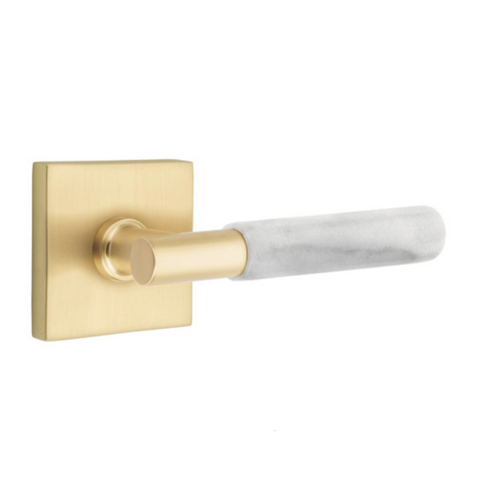 T-Bar White Marble SELECT Satin Brass Door Lever w/ Square Rosette - Forge Hardware Studio