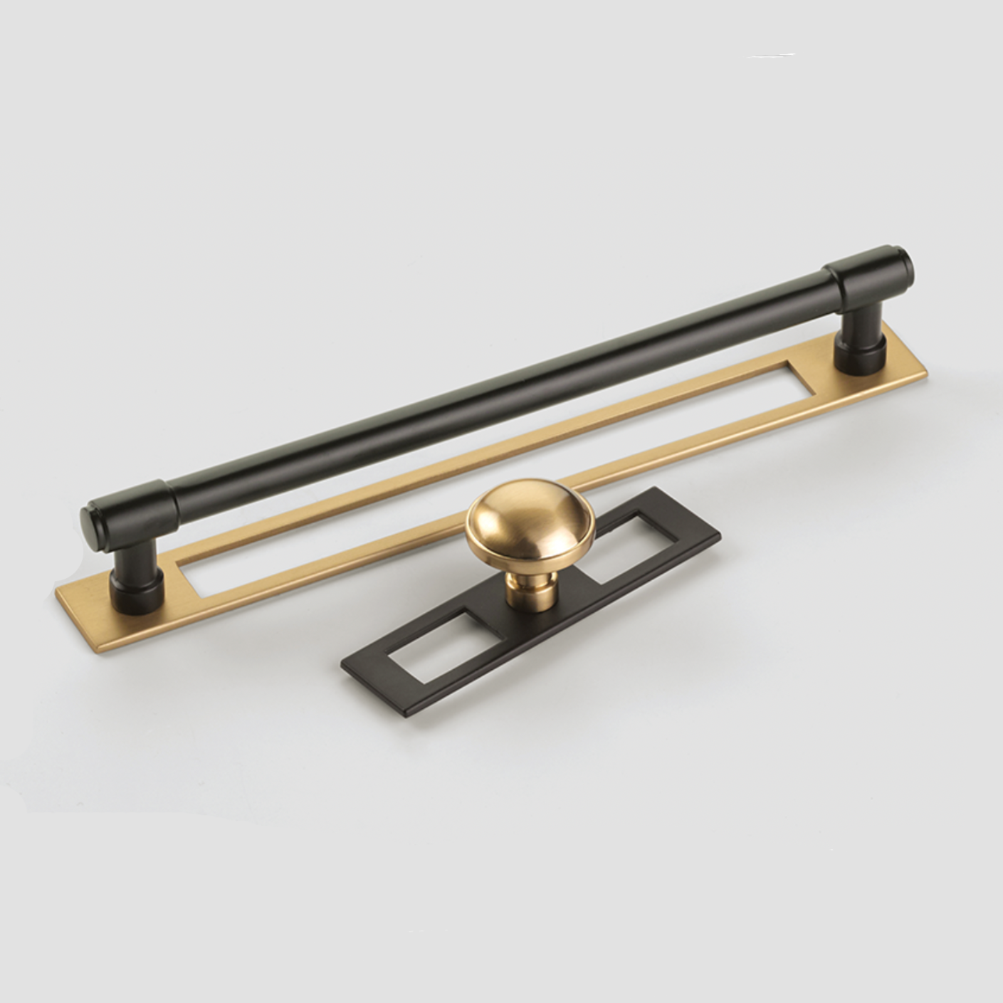 Black and Champagne Bronze Industrial Modern Pulls and Knob with Backplate