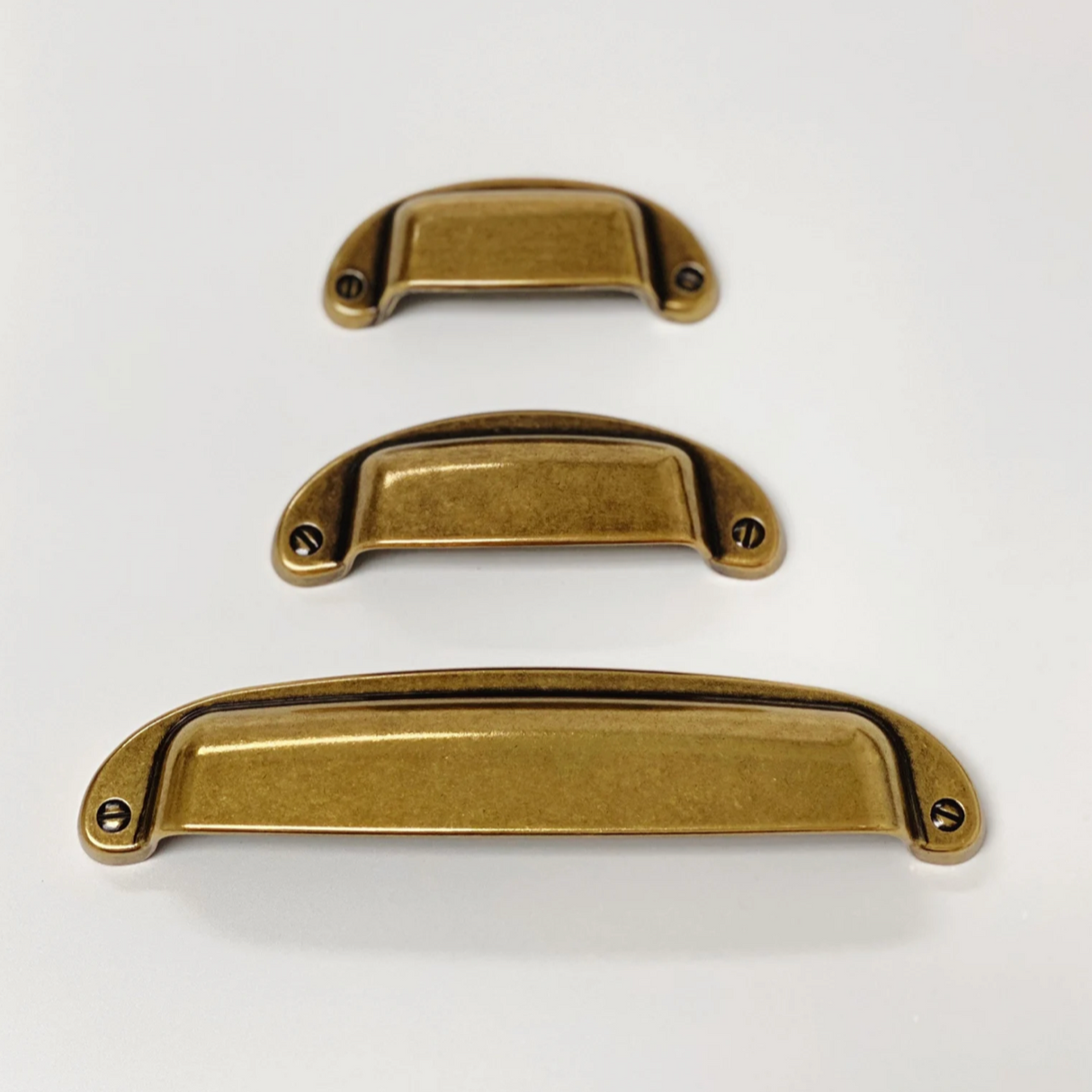 Drawer Cup Pull "Capri" in Antique Brass - Brass Cabinet Hardware - Forge Hardware Studio