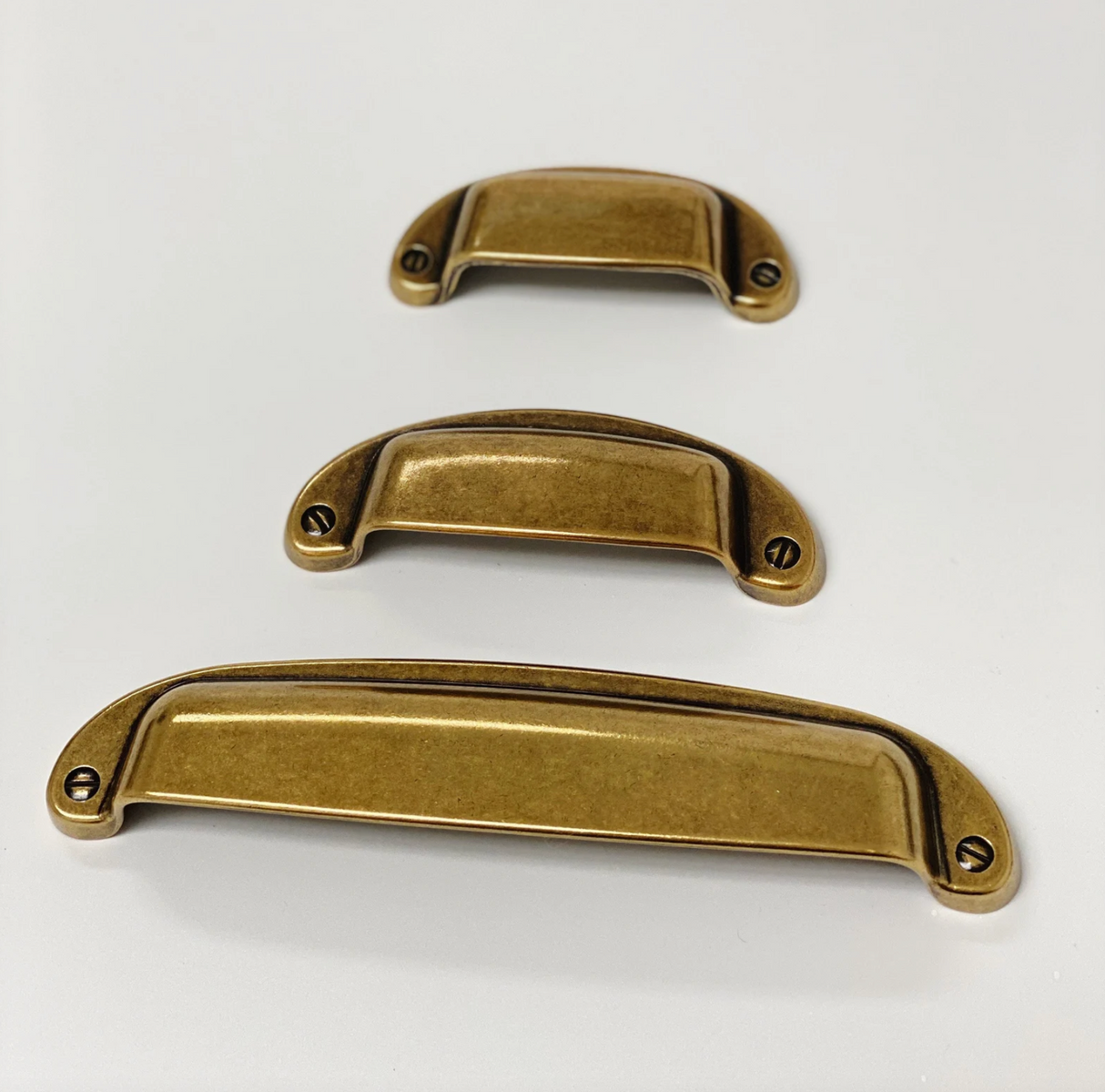 Drawer Cup Pull "Capri" in Antique Brass - Brass Cabinet Hardware - Forge Hardware Studio