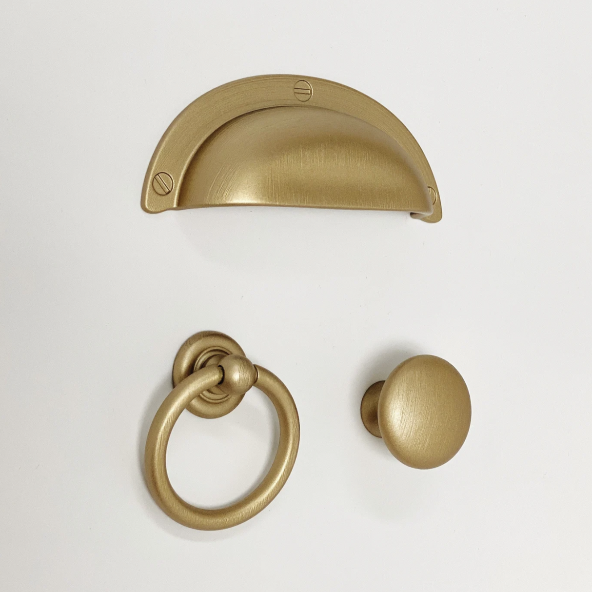 Capri Brushed Gold Cup Drawer Pull, Ring Pull or Round Cabinet Knob - Forge Hardware Studio