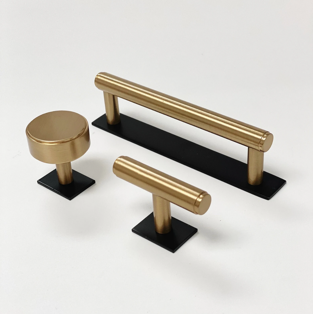 Dual Finish "Maison No. 2" Smooth Matte Black and Champagne Bronze Drawer Pulls and Cabinet Knobs with Backplate - Forge Hardware Studio