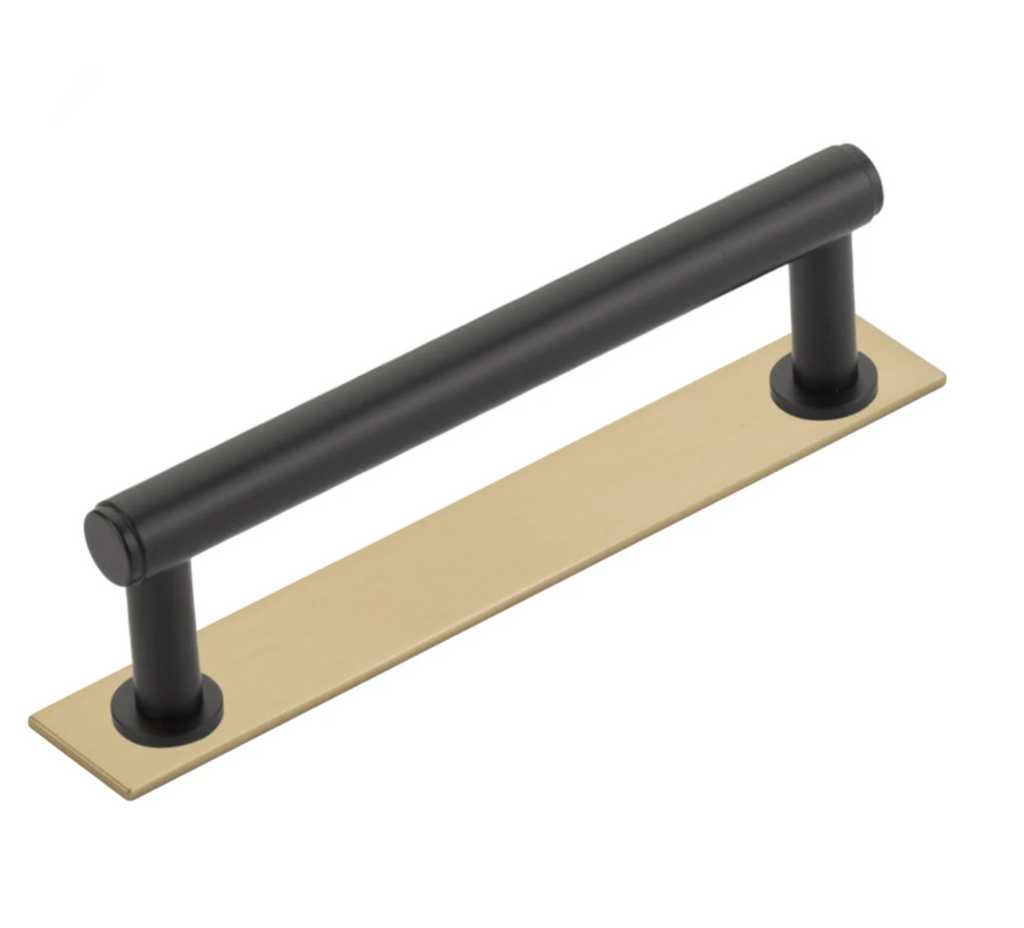 Dual Finish "Maison No. 2" Smooth Champagne Bronze and Matte Black Drawer Pulls and Cabinet Knobs with Backplate - Forge Hardware Studio