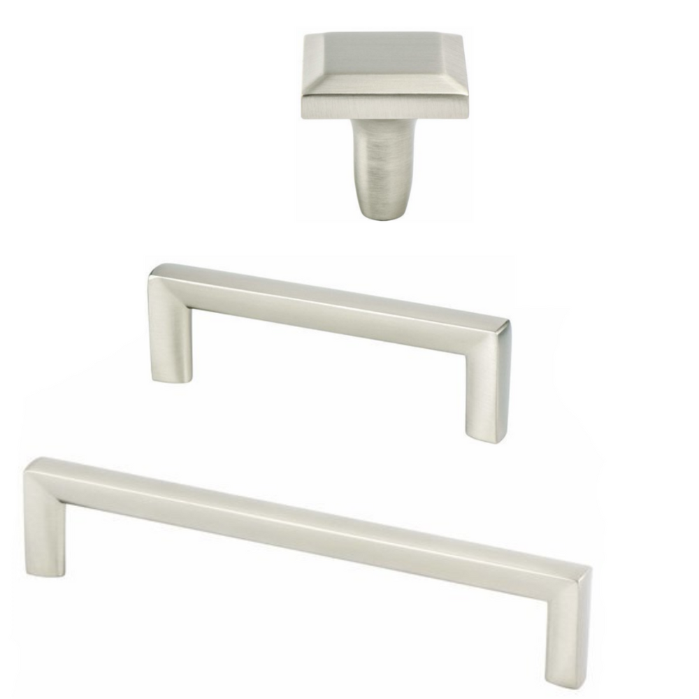 Brushed Nickel "Trane" Drawer Pulls and Knob - Brass Cabinet Hardware 