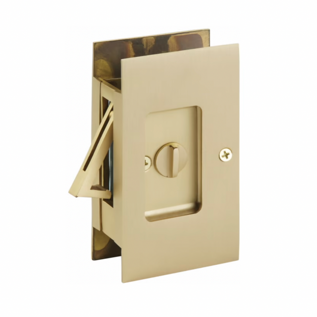 Satin Brass Pocket Door Lock Large 4-1/2" Bathroom Privacy Lock Hardware - Forge Hardware Studio
