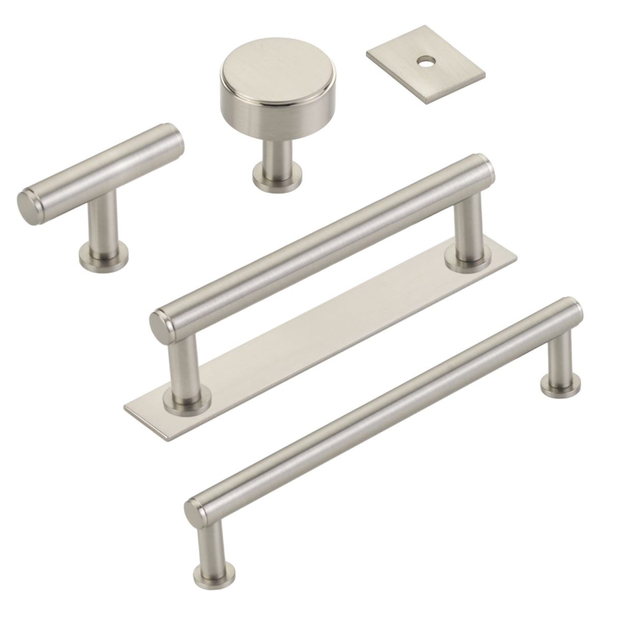 Brushed Nickel "Maison No. 2" Smooth Drawer Pulls and Cabinet Knobs with Optional Backplate - Forge Hardware Studio