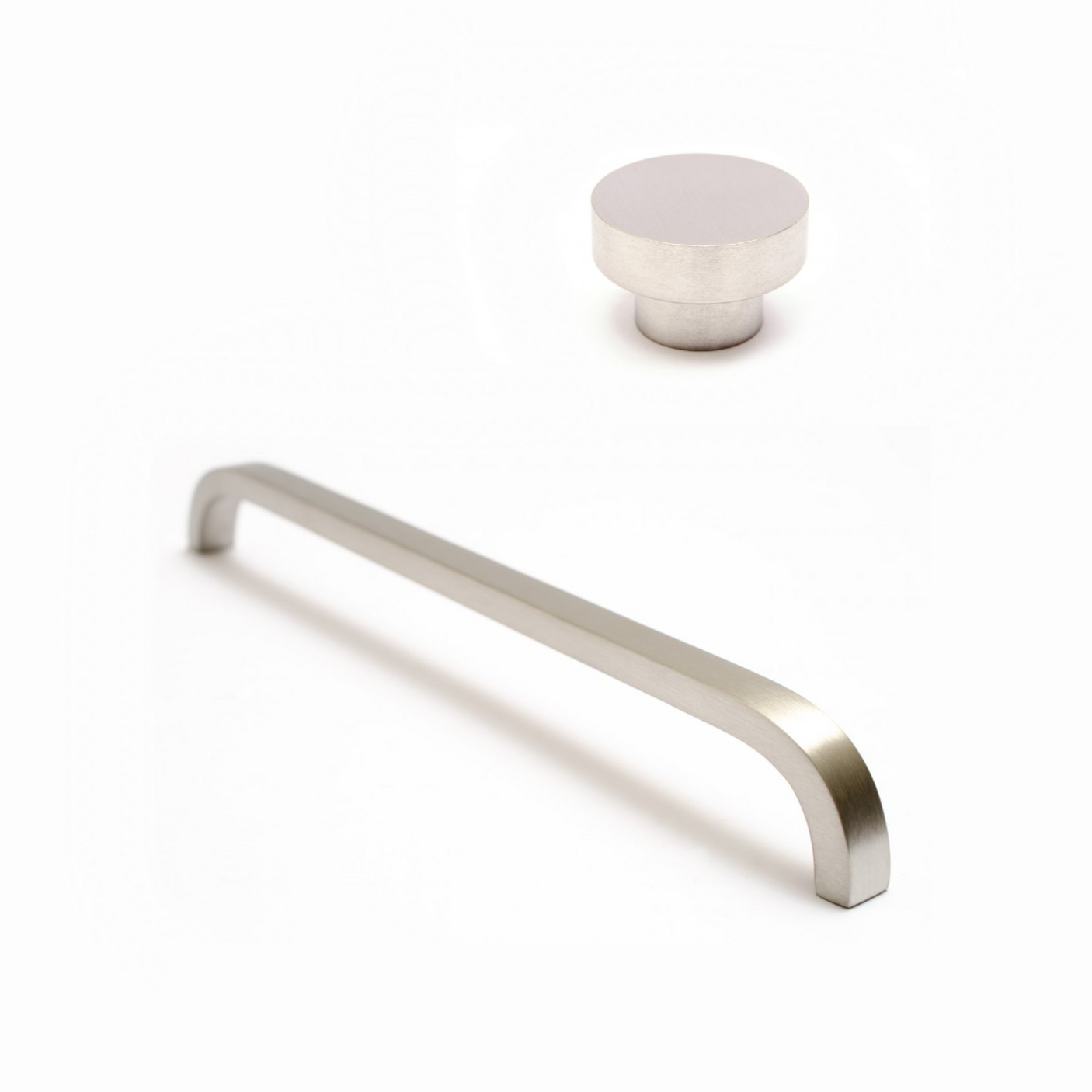 Brushed Nickel "Curve" Cabinet Drawer Pulls and Cabinet Knob - Forge Hardware Studio