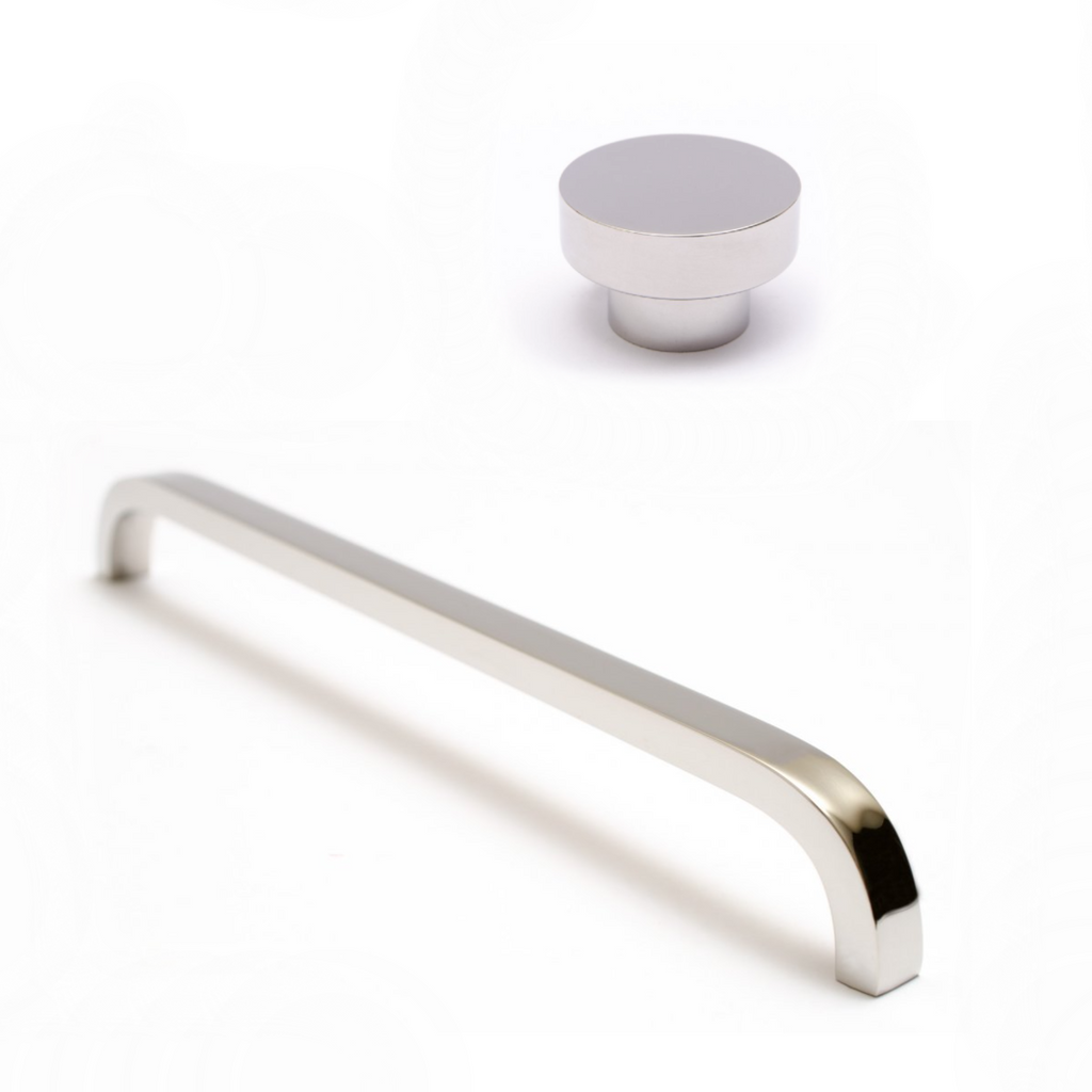 Polished Nickel "Curve" Cabinet Drawer Pulls and Cabinet Knob - Forge Hardware Studio