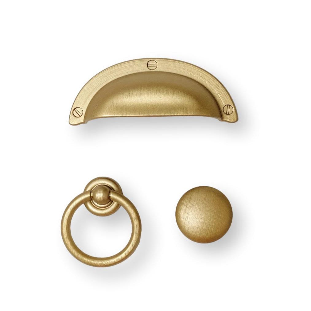 Capri Brushed Gold Cup Drawer Pull, Ring Pull or Round Cabinet Knob - Forge Hardware Studio