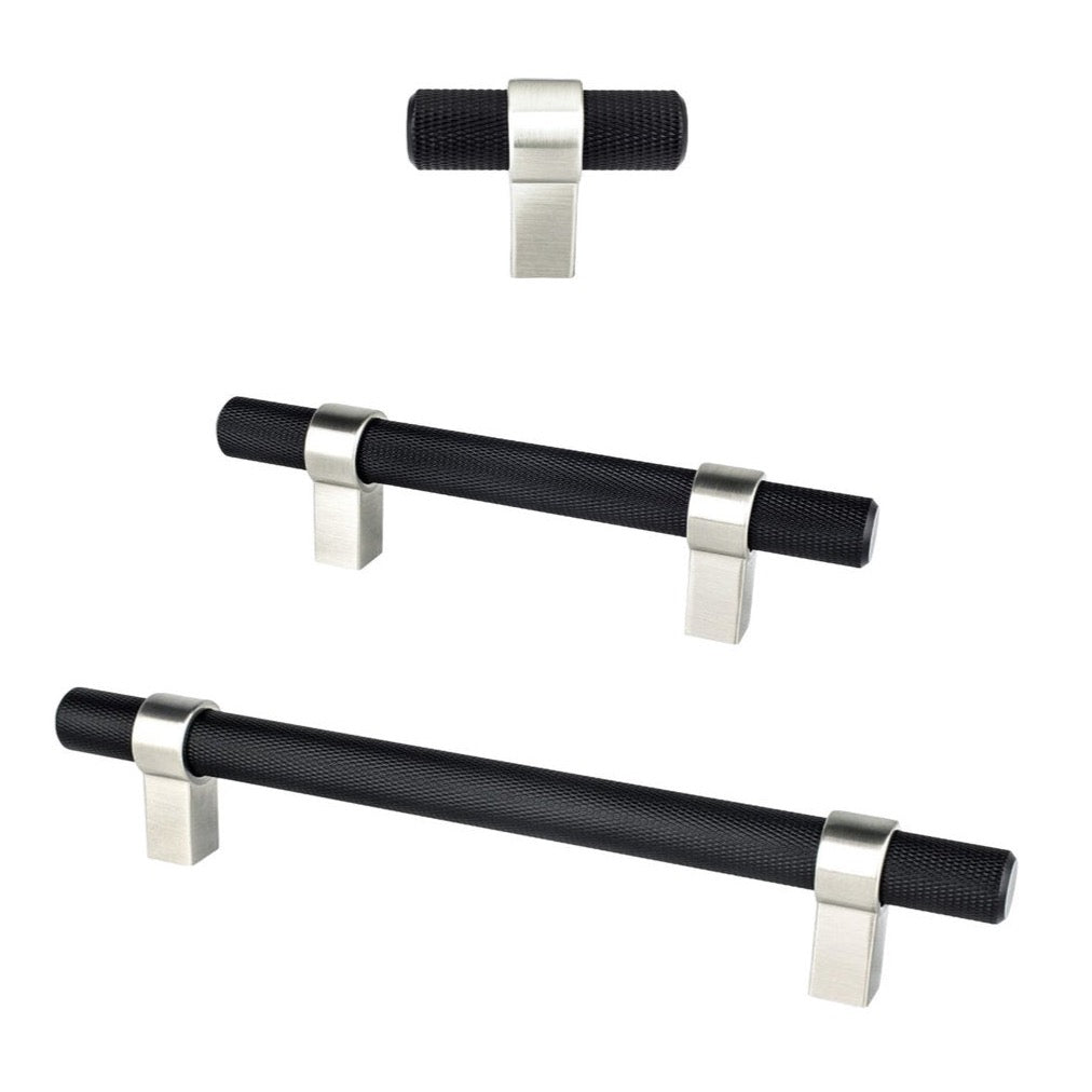 Knurled "Prelude" Brushed Nickel and Matte Black Cabinet Knobs and Drawer Pulls - Forge Hardware Studio