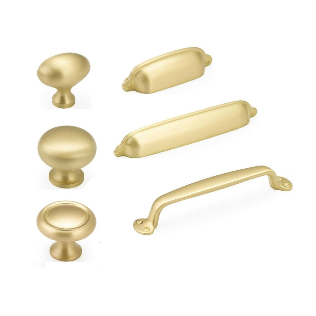 Satin Brass Drawer Pulls "Leah" Handles and Cup Pulls - Forge Hardware Studio