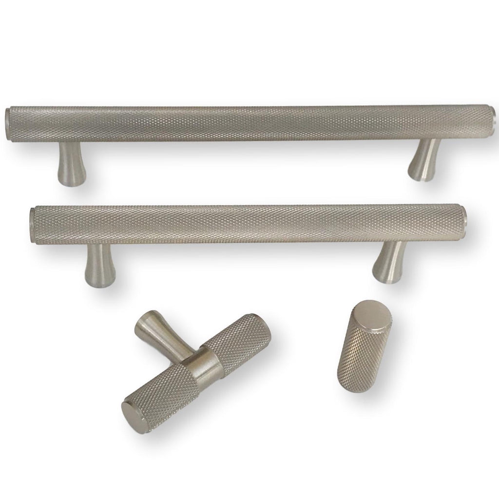 Brushed Nickel Solid "Texture" Knurled Drawer Pulls and Knobs - Brass Cabinet Hardware 
