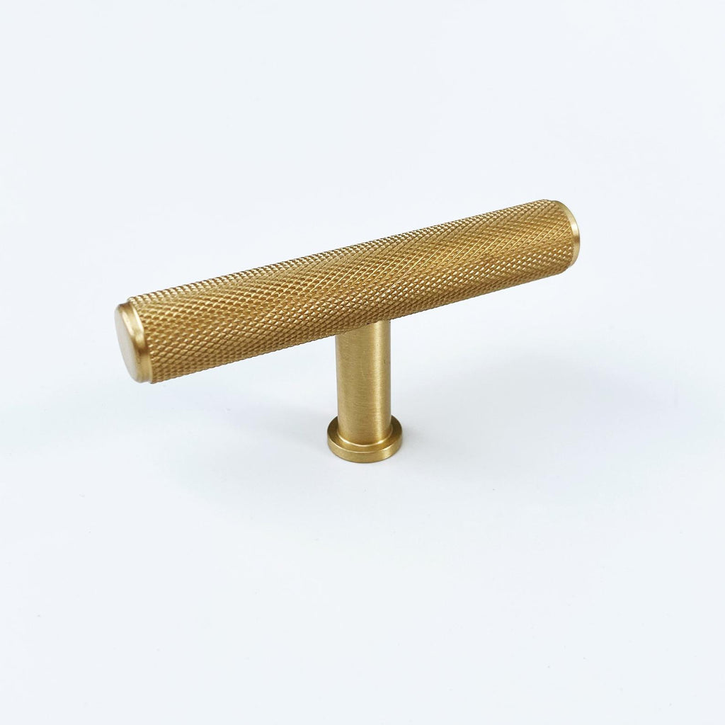 Brass Solid "Texture No.2" Knurled Drawer Pulls and Knobs in Satin Brass - Forge Hardware Studio