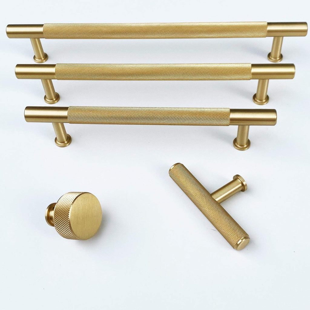 Brass Solid "Texture No.2" Knurled Drawer Pulls and Knobs in Satin Brass - Forge Hardware Studio