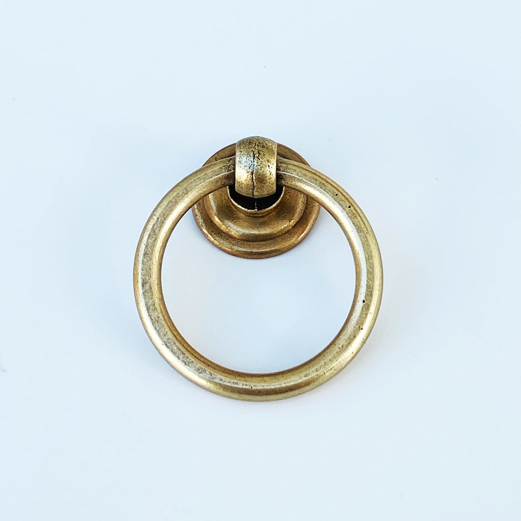 Round Ring Pull "Soho" Cabinet Knob in Aged Brass - Forge Hardware Studio