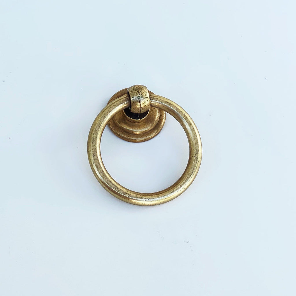 Round Ring Pull "Soho" Cabinet Knob in Aged Brass - Forge Hardware Studio