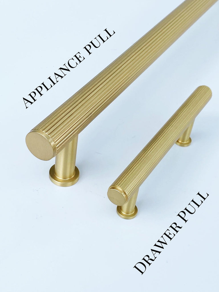 Brass Solid "Texture Lines" Knurled Drawer Pulls and Knobs in Satin Brass - Forge Hardware Studio