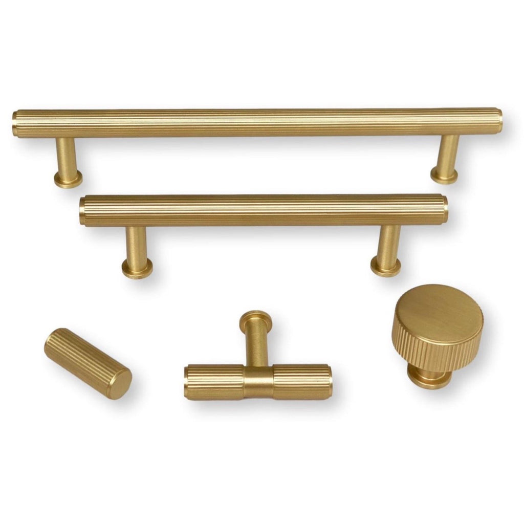 Brass Solid "Texture Lines" Knurled Drawer Pulls and Knobs in Satin Brass - Forge Hardware Studio